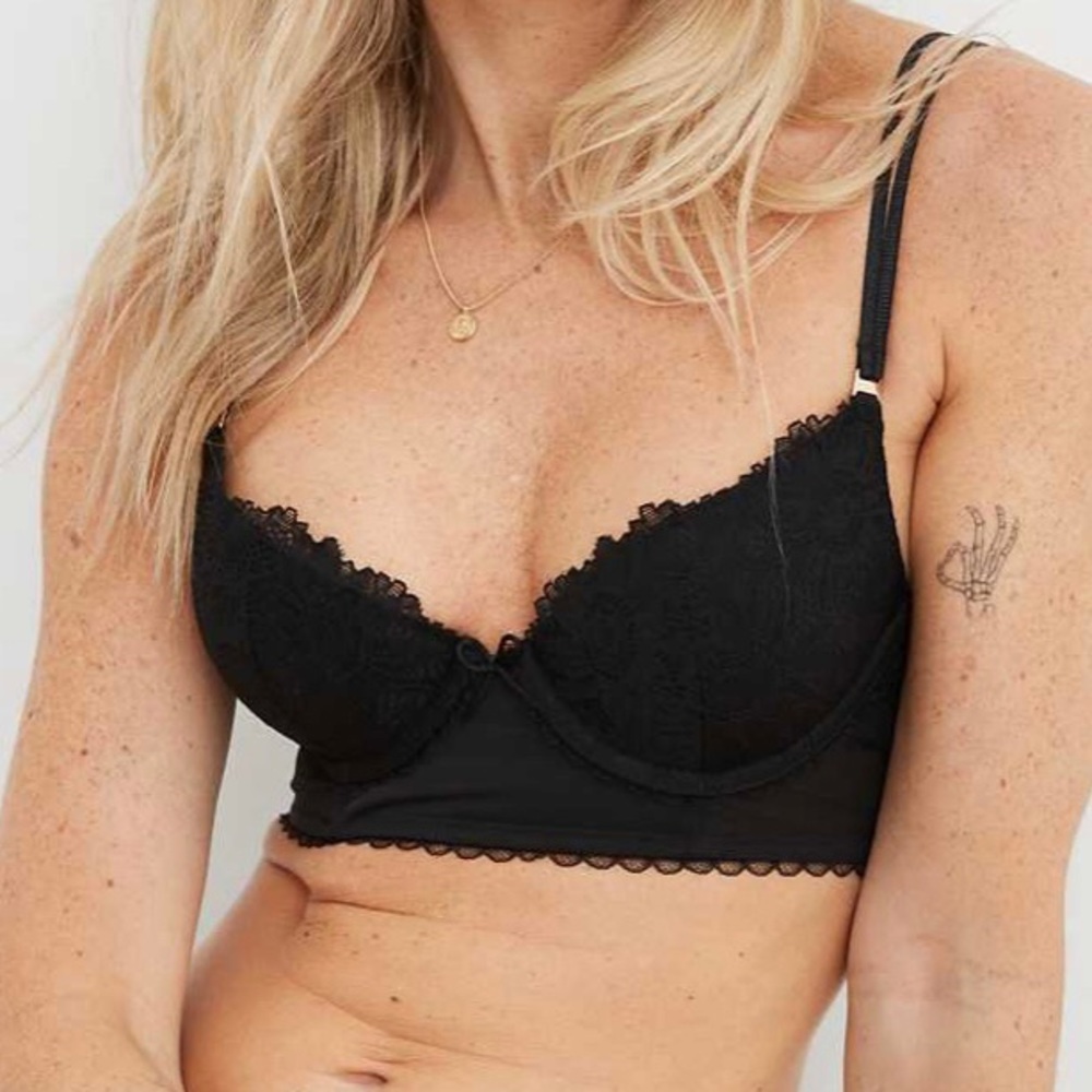 Aerie Real Power Plunge Push Up Sunflower Convertible Lace Bra in Black Size 40D